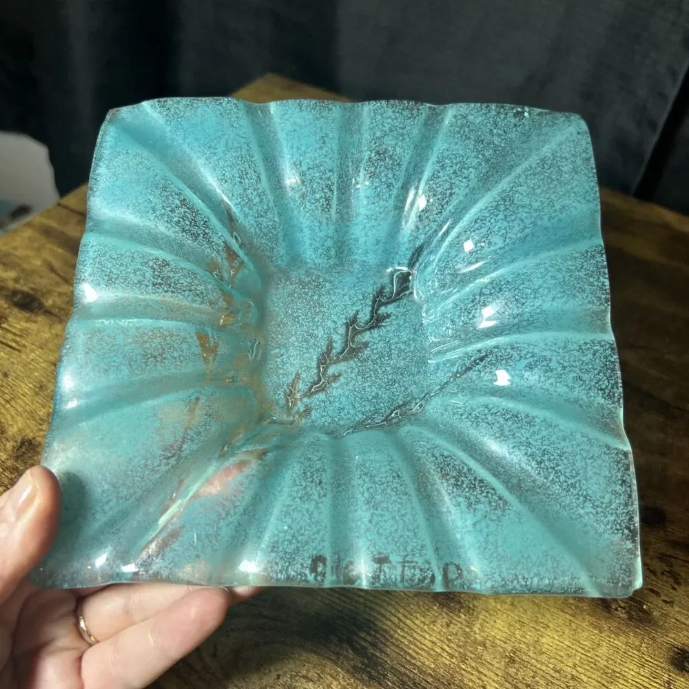 Coastal Aqua Teal Textured Glass Dish Square 6.5x6.5' Sea Inspired Accent Plate